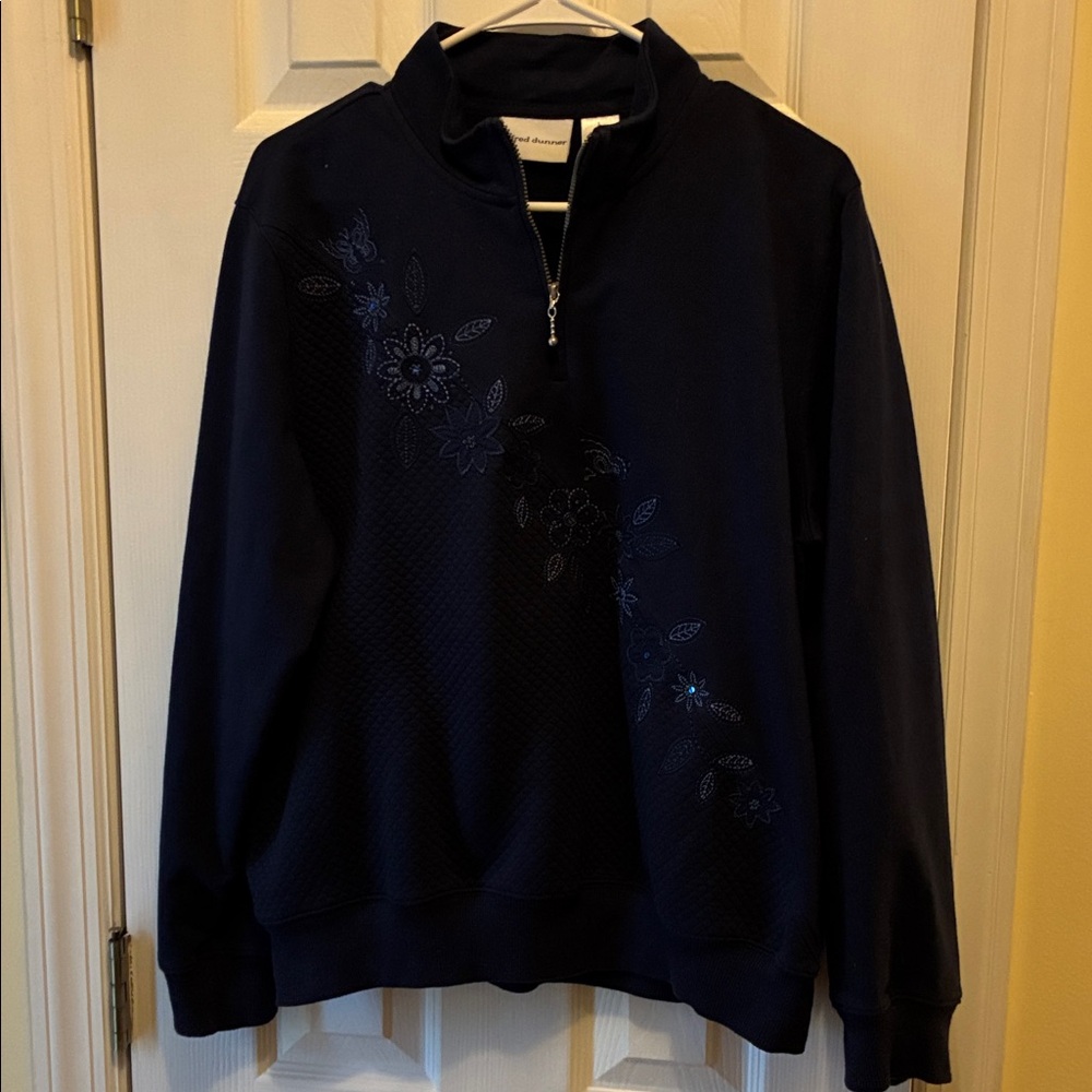 Alfred Dunner Navy Quarter-Zip Sweater with Floral Stitching
